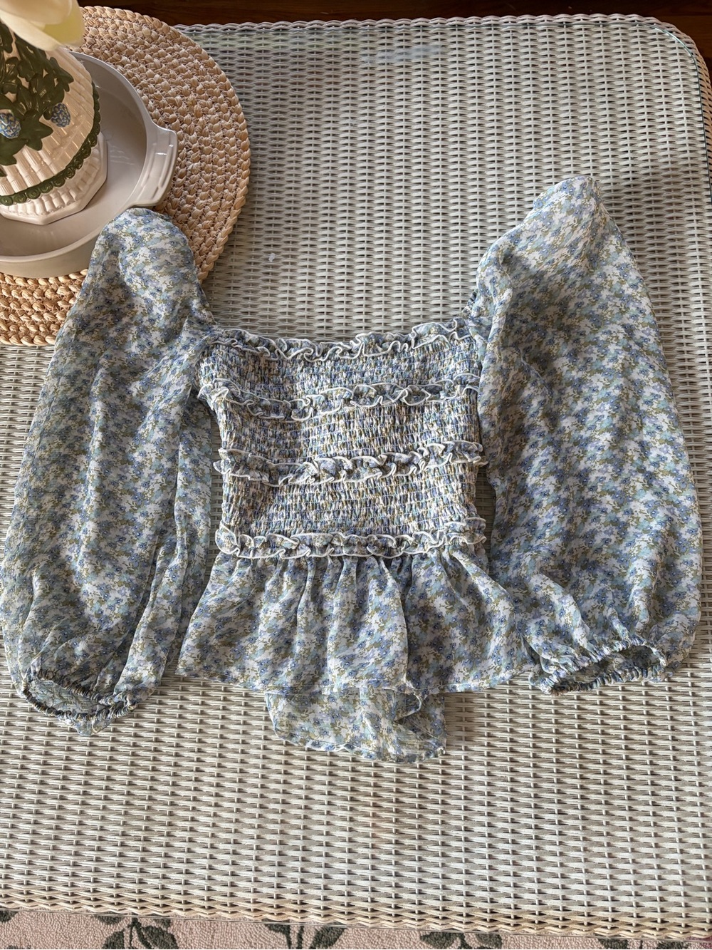 Astr Light Blue Floral Smocked Puff Sleeve Crop Top